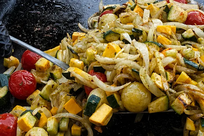 Légumes grillés à la plancha — courgettes, oignons, tomates cerises et pommes de terre — lors d'une prestation barbecue
